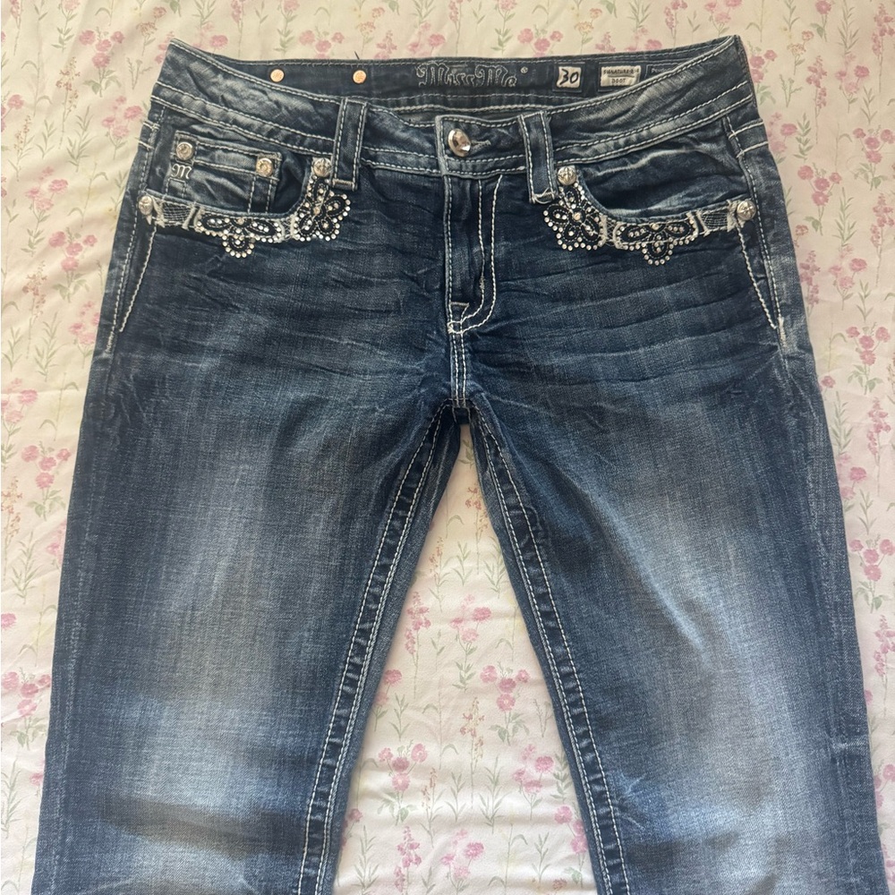 2000s size 30 flare floral studded miss me jeans